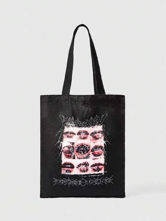 Grunge Punk Borsa a tracolla riutilizzabile in tela con stampa all-over a motivo di occhi/luna/stelle, design adatto per lo shopping