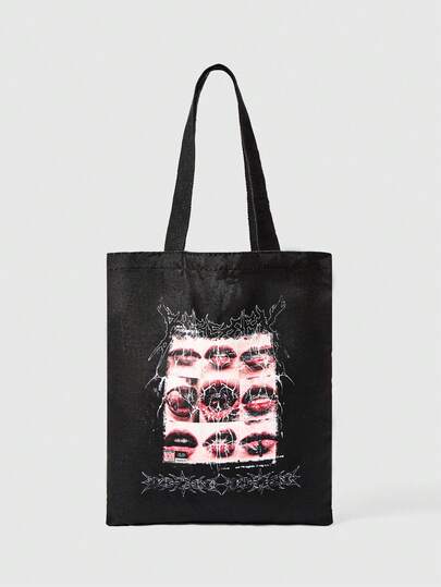 Grunge Punk Borsa a tracolla riutilizzabile in tela con stampa all-over a motivo di occhi/luna/stelle, design adatto per lo shopping