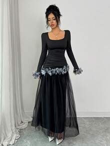 Elenzga 女士流行新款浪漫法式修身花卉蕾丝边优雅中长连衣裙，长袖 - 黑色 - 查看 3