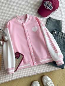 SHEIN Tween Girls' Casual All-Match Versatile School & Daily Wear Cartoon Capybara Pattern Patchwork Baseball Jacket With Thermal Lined, Autumn/Winter - Pink - View 3