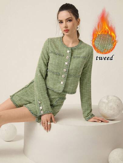 Opuloom 2 件套女士 2025 秋季新款圆领丝带装饰粗花呢保暖短夹克和高腰短裤，优雅的办公室和休闲装