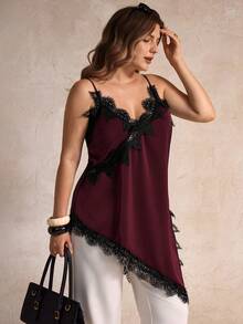 Elegantrix Camiseta sin mangas de talla grande para mujer, de estilo urbano casual, con cuello en V, parches y bajo asimétrico de encaje en unicolor - Burdeos - Ver 4