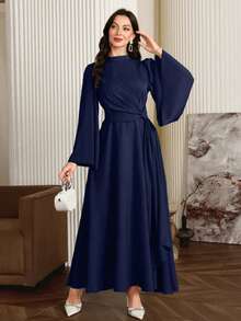 Modelyn Đầm dạ hội dài tay dáng suông màu trơn cổ đứng tay chuông thắt eo thanh lịch theo phong cách Ả Rập - Màu xanh lam - Xem 1