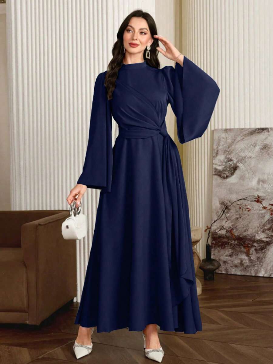 Modelyn Đầm dạ hội dài tay dáng suông màu trơn cổ đứng tay chuông thắt eo thanh lịch theo phong cách Ả Rập - Màu xanh lam - Xem 1