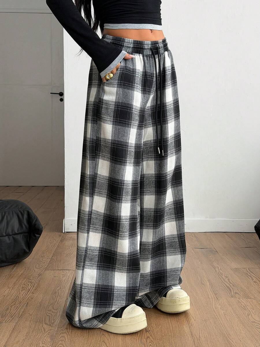 Coolane 女式秋季街头复古外出休闲宽松格纹阔腿裤 - 黑色 - 查看 1