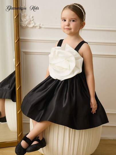 Glamorique Kids Young Girls Fashionable Dress, Suitable For Birthday Party, Evening Party, Wedding Flower Girl, Black & White Color Block Waist Decor 3D Floral Dress