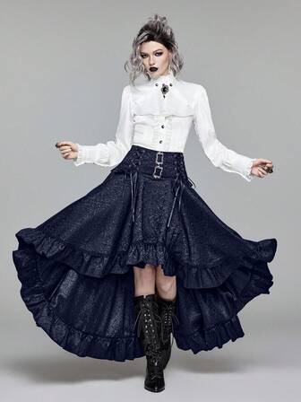 Goth Women's Vintage Palace Dark High Waist A-Line Jacquard Patterned Front Short Back Long Skirt