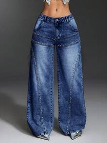 Slaydiva 大码女式宽松休闲牛仔阔腿裤，带口袋和铆钉设计 - 深色水洗藍 - 查看 1