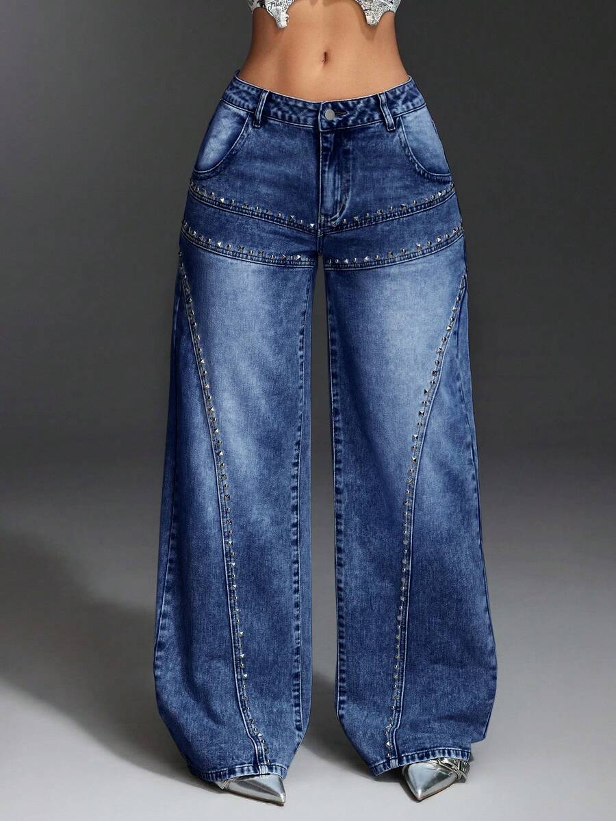 Slaydiva 大码女式宽松休闲牛仔阔腿裤，带口袋和铆钉设计 - 深色水洗藍 - 查看 1