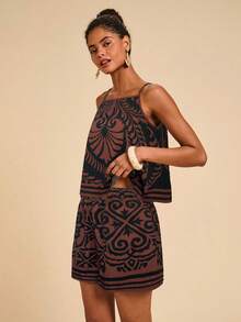 Travachic 女士复古印花吊带背心和短裤两件套，休闲度假装 - 黑色 - 查看 5