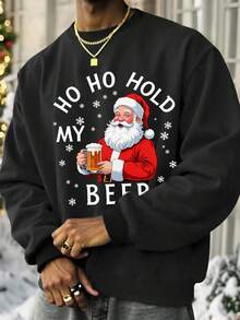 Merry Christmas Fashionable Street Style Christmas Spirit Santa Claus Beer Mug Graphic Letter Print Casual Holiday Crew Neck Pullover Sweatshirt, Suitable For Christmas Party And Going Out