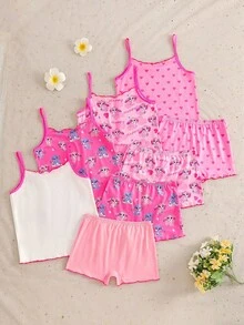 4件套女童兔子印花无钢圈荷叶边吊带背心和舒适平角内裤套装