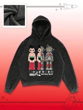 Astro Boy X ROMWE Sudadera con capucha casual y vintage para hombres con gráfico de robot y letras, para primavera/otoño