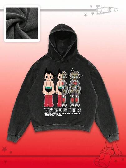 Astro Boy X ROMWE Felpa con cappuccio casual da uomo, stile vintage, lavata, con grafica di robot e lettere, adatta per primavera/autunno
