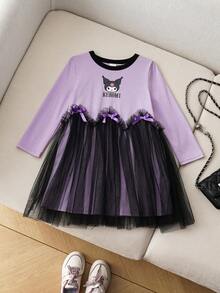 HELLO KITTY AND FRIENDS | SHEIN Young Girl Sweet Cute Cartoon Pattern Colorblock Round Neck Long Sleeve Mesh Ruffle Bow Knit Dress - Purple - View 1