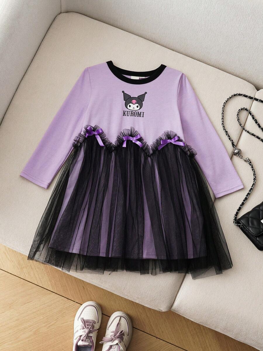 HELLO KITTY AND FRIENDS | SHEIN Young Girl Sweet Cute Cartoon Pattern Colorblock Round Neck Long Sleeve Mesh Ruffle Bow Knit Dress - Purple - View 1