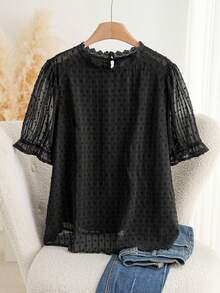 CosyJoli Plus Size Elegant Simple Versatile Chiffon Jacquard Lace Patchwork White Women Shirt, Suitable For Office,Slightly Sheer, Commuting, And Outings Spring To Summer - Black - View 4