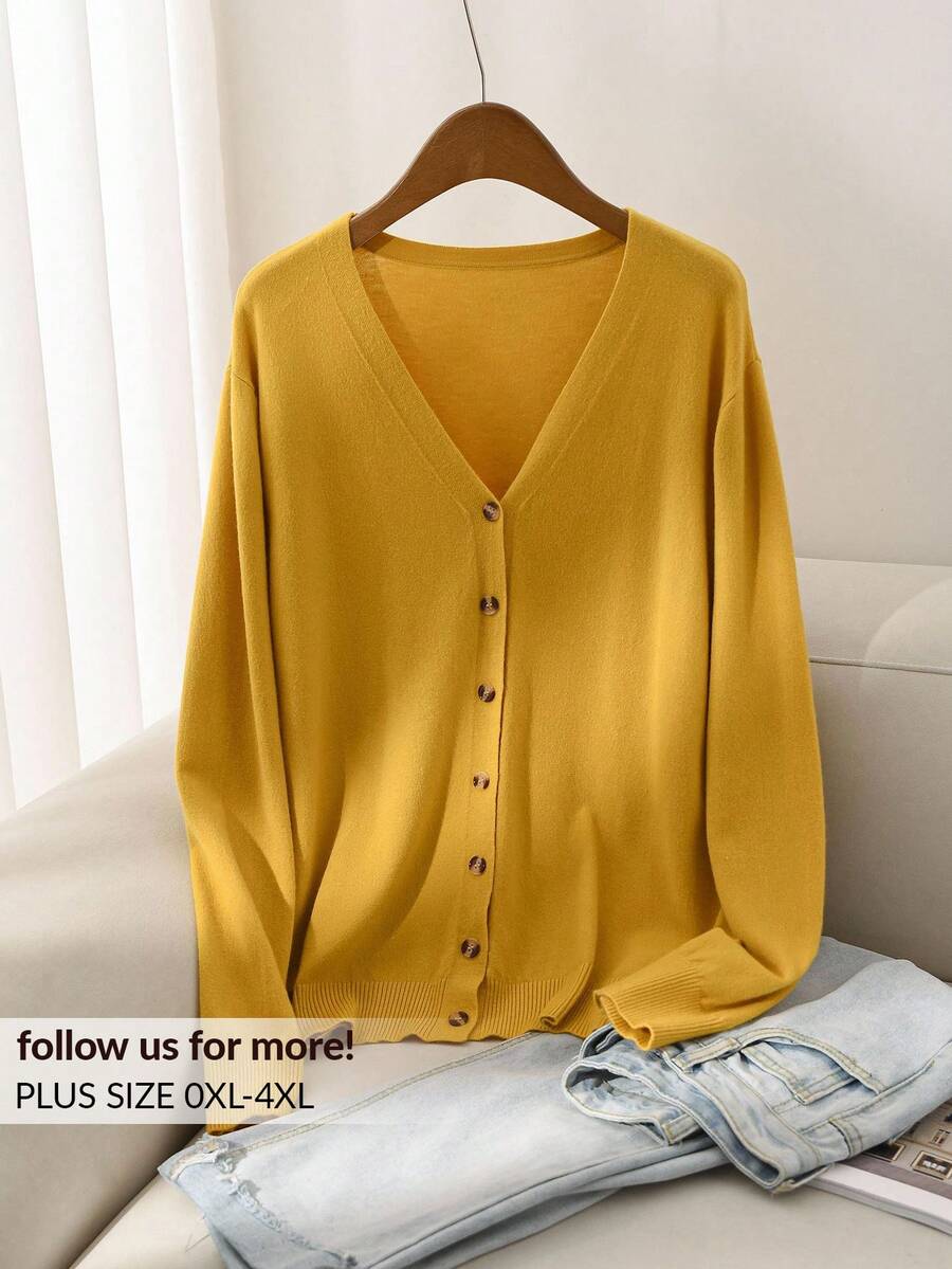 CosyJoli Women's Plus Size Casual Yellow Basic Cardigan, Spring And - Yellow - View 1