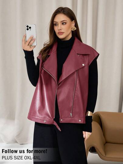 Auralis Damen Große Größen Herbst- und Wintermode lässige, locker sitzende, bequeme, vielseitige rote PU-Lederweste/Jacke, Herbstmäntel, lässige Damenoutfits, Herbstoutfits für Damen, westliche Kleidung für Damen, Rückkehr zur Schule, Y2K-Kleidung, Streetwear, Winterjacke für Damen