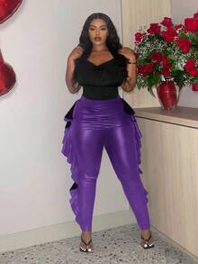 Slaydiva Quần legging nữ cỡ lớn màu trơn bằng da PU, phối nhiều mảnh, viền bèo nhún, màu tím. - Màu tím - Xem 3