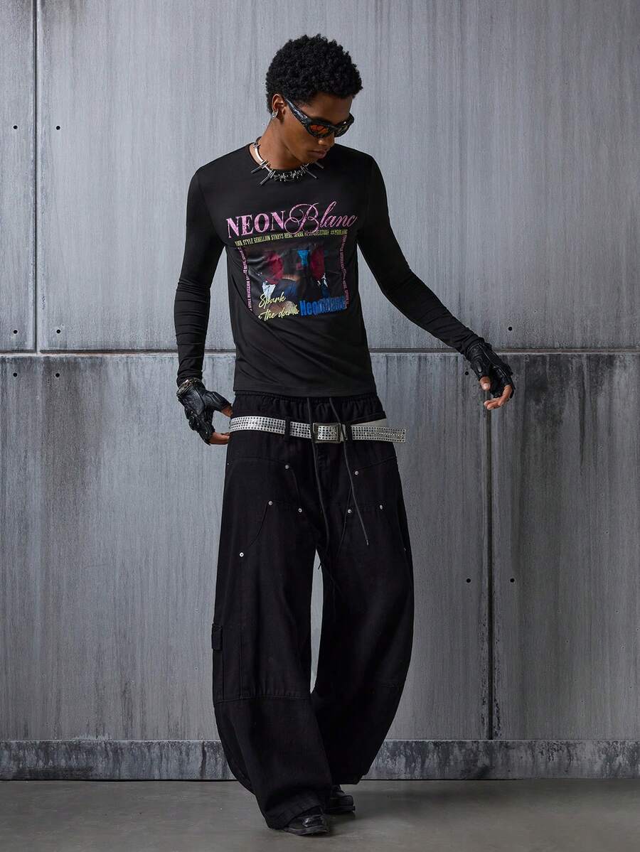 NEON BLANC 男式紧身图案 T 恤反光徽标印花长袖圆领上衣 - 黑色 - 查看 1