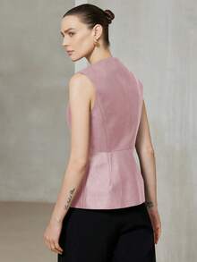 Aveloria Modichic Round Neck Button Waist Cinched Solid Color PU Sleeveless Commuter Jacket - Pink - View 2