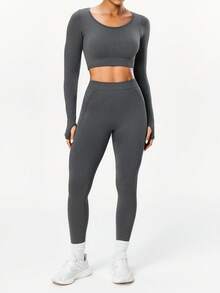 SHEIN Sports 女士无缝瑜伽长袖上衣和裤子套装，开启您的运动生活方式 - 灰色 - 查看 3