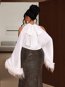 Maweii Camicetta elegante con spalle scoperte e maniche lunghe, versatile e affascinante, taglie comode - Bianco - Visualizzare 2
