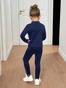 SHEIN Young Girl Yoga Gym Sports Zip-Up Mock Neck Knit Top & High Waist Leggings Winter Set,Back To School Two Pieces Workout Activewear Athletic Outfit - Navy Blue - View 2