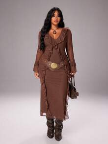 Rustia Sexy V-Neck Ruffle Patchwork Slim Fit Mini Dress - Brown - View 7