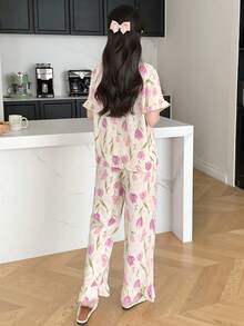 Bộ đồ ngủ nữ tuổi teen, áo thun cổ bẻ, tay ngắn, in hoa, cài nút, quần dài, mùa xuân/hè - Nhiều màu - Xem 2