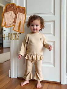 SHEIN 2pcs/Set French Girls Toddler Brown Floral Long Sleeve T-Shirt & Flared Pants Outfit,Beige,Autumn,Casual,Family Matching Baby Clothes Casual Sets - Multicolor - View 1