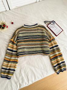 Elamini Casual Versatile Crew Neck Colorblock Striped Sweater