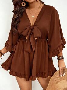 SHEIN VCAY 加大码假日纯色蝙蝠袖、荷叶边下摆、系腰连体裤 - 巧克力棕 - 查看 1