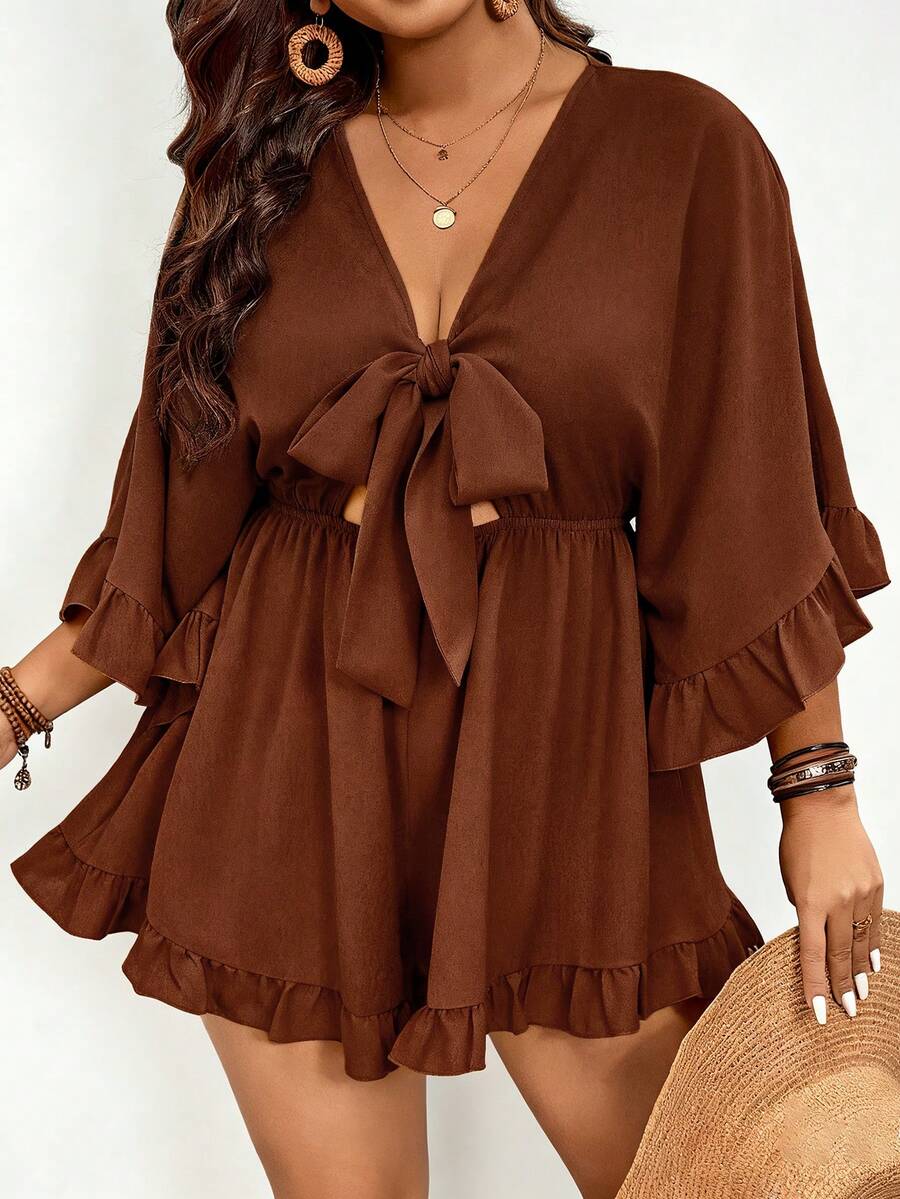 SHEIN VCAY 加大码假日纯色蝙蝠袖、荷叶边下摆、系腰连体裤 - 巧克力棕 - 查看 1