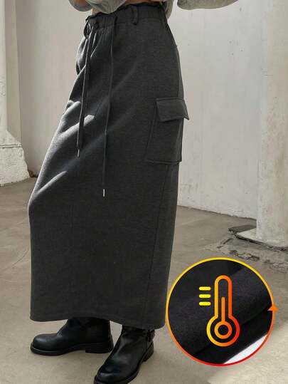 DAZY 女士纯色实用口袋抽绳腰休闲加厚半身裙，保暖内衬，适合秋冬季穿着。