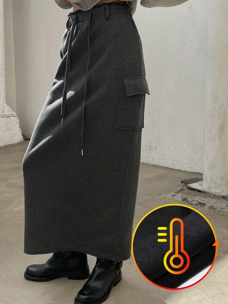 DAZY 女士纯色实用口袋抽绳腰休闲加厚半身裙，保暖内衬，适合秋冬季穿着。 - 深灰色 - 查看 1