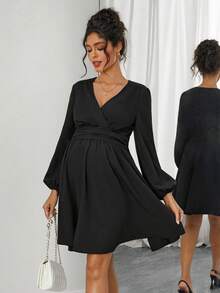 SHEIN Maternity Elegant Solid Lantern Sleeve Dress For Autumn - Black - View 3