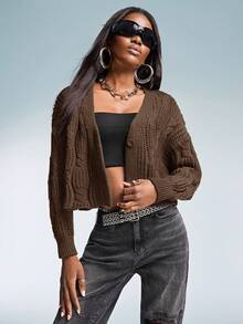 Aveloria GENKIRA Cable Knit Drop Shoulder Cardigan Oversized Sweater  - Coffee Brown - View 3