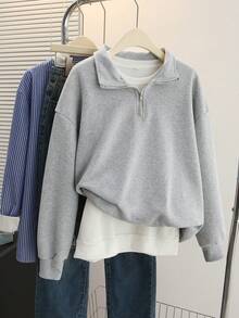 Lalippa 女士纯色落肩长袖半拉链半开襟休闲卫衣，秋冬款 - 淺灰色 - 查看 3