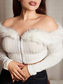 Lupita Cardoza 秋冬露肩毛绒短款粉色夹克 - 白色 - 查看 4