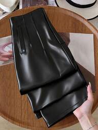 Regalyn Pantalones entallados de piel de PU elástica para mujer de talla grande, de moda y minimalistas