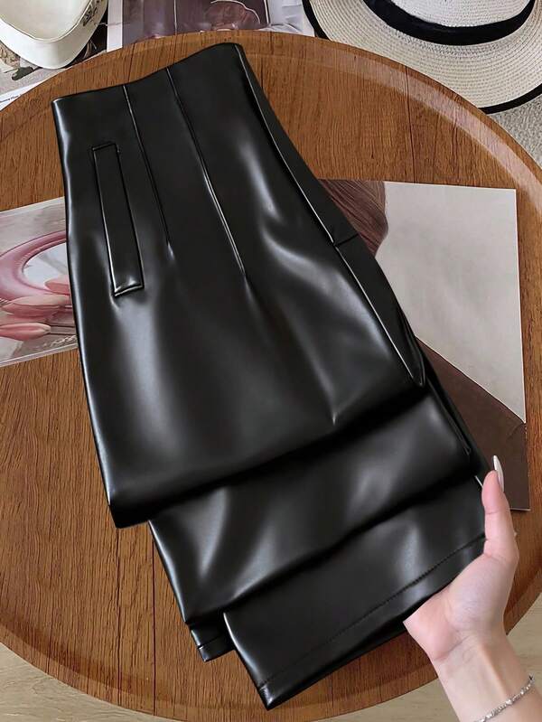 Regalyn Pantalones entallados de piel de PU elástica para mujer de talla grande, de moda y minimalistas