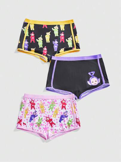 Teletubbies X ROMWE 3pcs Women's Funny Cartoon Pattern Contrast Trim Panties