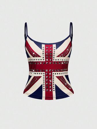 Grunge Punk Top de tirantes con estampado de bandera del Reino Unido, cristales y remaches, estilo vintage Y2K de Kpop para mujer