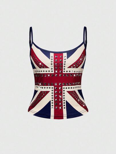 Grunge Punk Women's Kpop Y2K Vintage UK Flag Print Rhinestone Rivet Camisole Top
