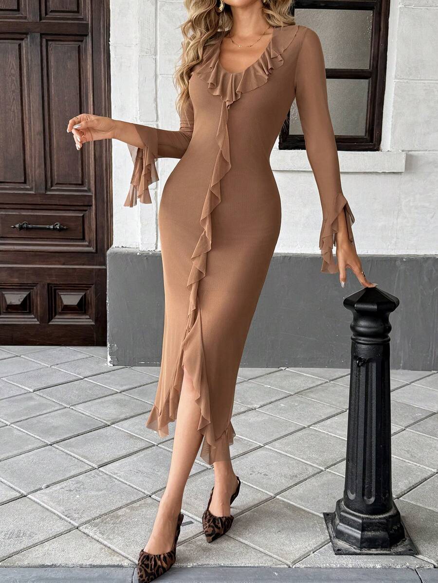 SHEIN PariChic Vestido ajustado de longitud media para mujer en otoño - Café - Ver 1