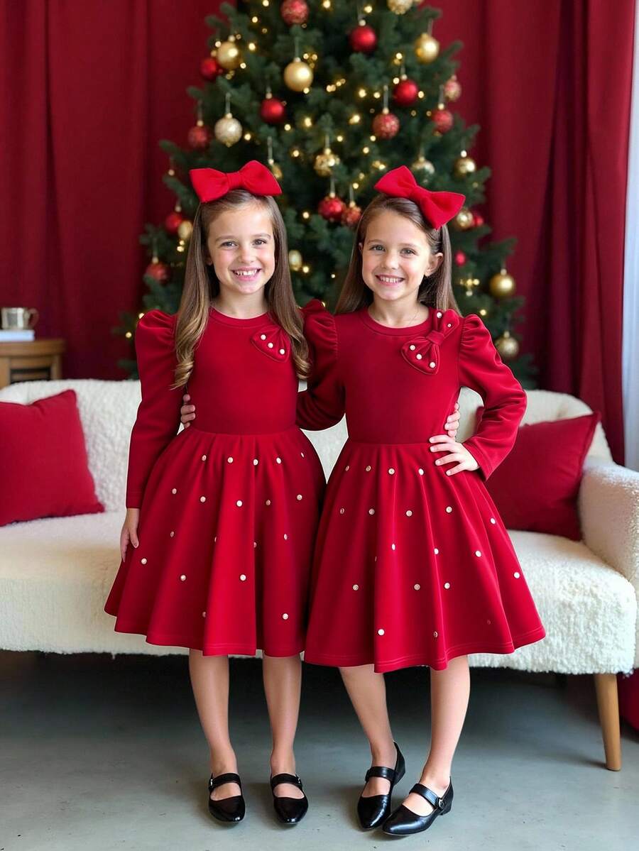 Young Girls Round Neck Raglan Sleeve Elegant Beaded Ruffle Hem Long Sleeve Dress - Red - View 1