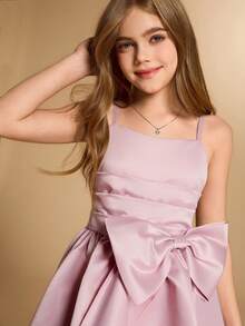 圣诞派对女童吊带裙，女童生日裙，公主裙，大蝴蝶结表演裙 - 粉色 - 查看 8