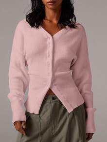 Athîral 女士优质束腰针织开衫女士开衫纽扣开衫薄款开衫V领开衫短款开衫秋冬白色开衫 - 淺粉色 - 查看 5